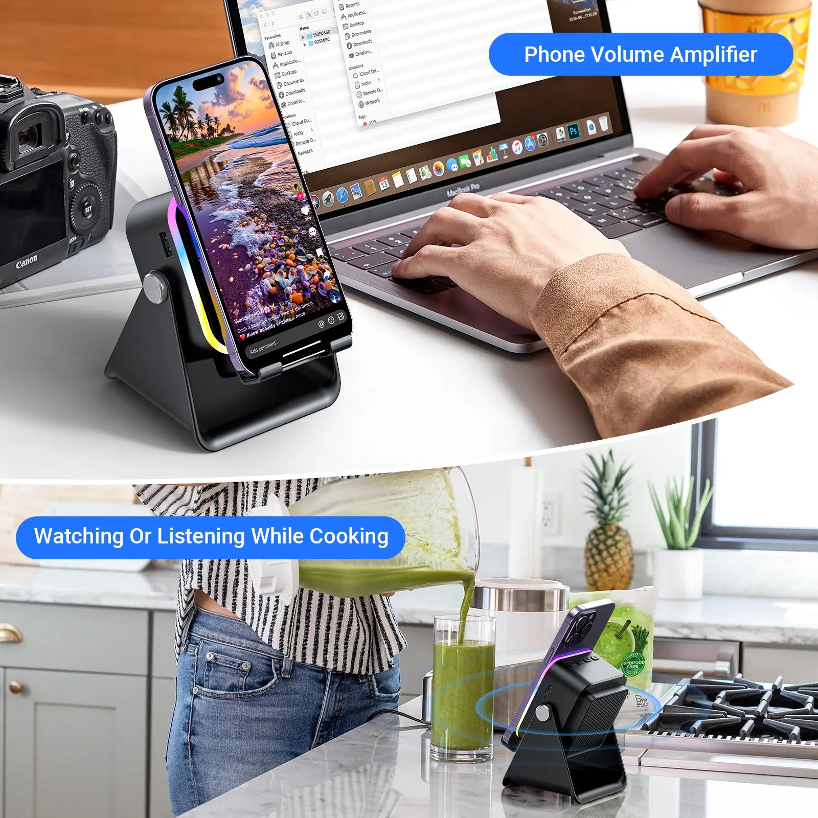 Wireless Induction Audio Speaker Stand, 5In1 Cellphone Holder, 3500Mah Rechargeable Emergency Power Bank,360° Adjustable Mobile Tablet Stand with Colorful Ambient Light Gifts for Men Women Mothersdaygift Summervibes