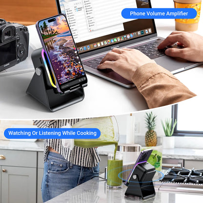 Wireless Induction Audio Speaker Stand, 5In1 Cellphone Holder, 3500Mah Rechargeable Emergency Power Bank,360° Adjustable Mobile Tablet Stand with Colorful Ambient Light Gifts for Men Women Mothersdaygift Summervibes