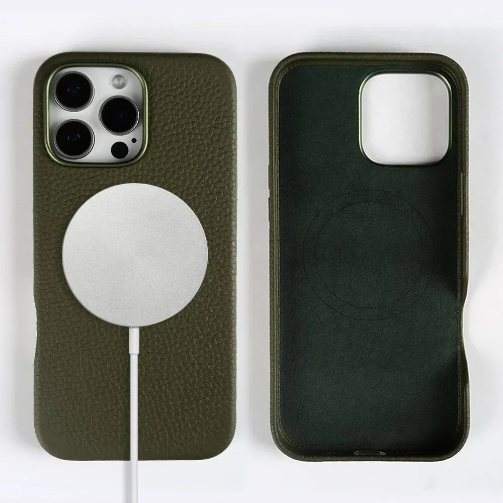 Full Wrapped Magnetic Genuine Leather Phone Case for Iphone 16 Pro Max 15Pro Max Cowhide Wireless Magsafe Fundal Back Shell Capa