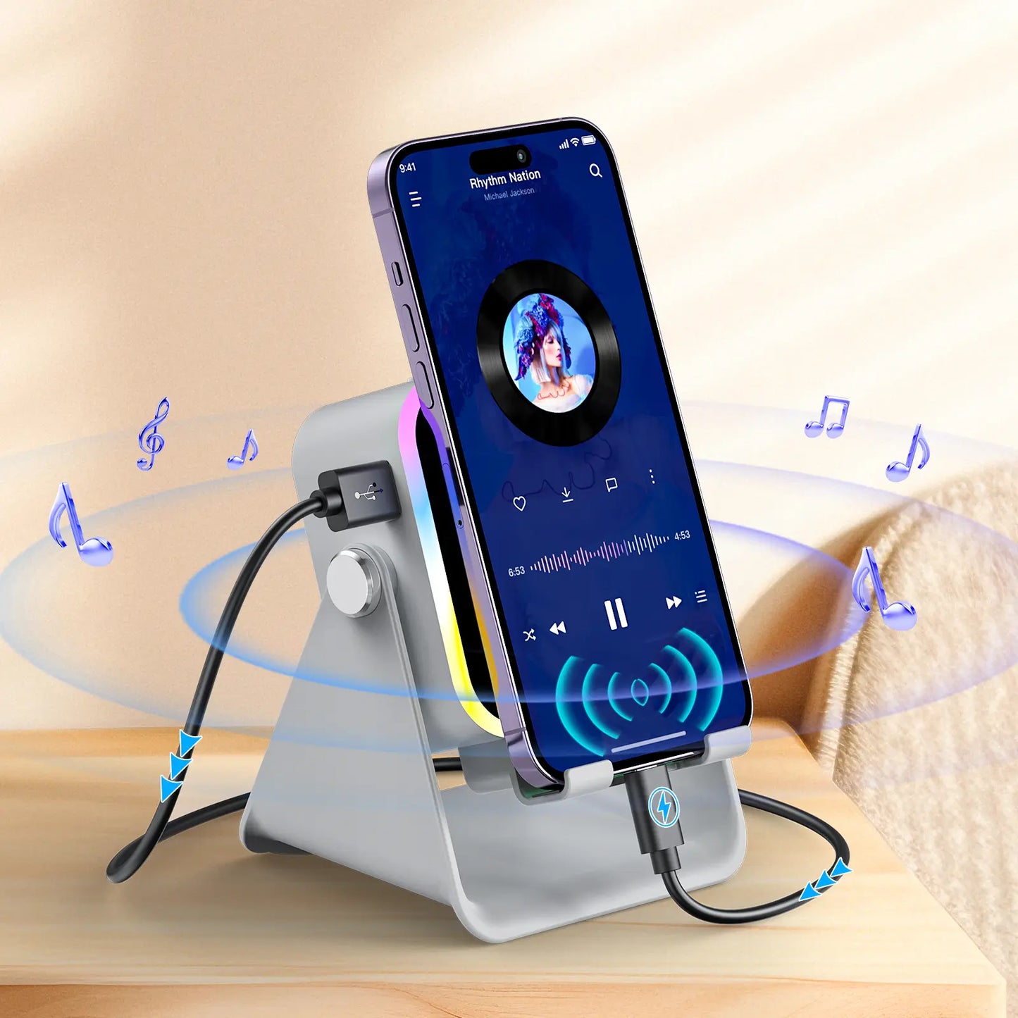 Wireless Induction Audio Speaker Stand, 5In1 Cellphone Holder, 3500Mah Rechargeable Emergency Power Bank,360° Adjustable Mobile Tablet Stand with Colorful Ambient Light Gifts for Men Women Mothersdaygift Summervibes