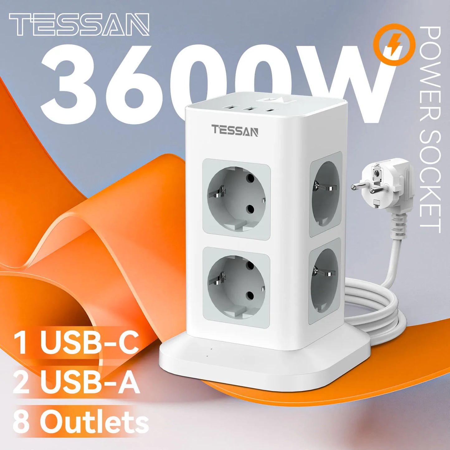 Tower Power Strip Multi Outlets with 2 USB +1 Type C 2M Extension Cable EU Plug Vertical Electric Socket Surge Protection
