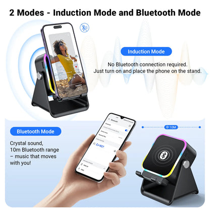 Wireless Induction Audio Speaker Stand, 5In1 Cellphone Holder, 3500Mah Rechargeable Emergency Power Bank,360° Adjustable Mobile Tablet Stand with Colorful Ambient Light Gifts for Men Women Mothersdaygift Summervibes