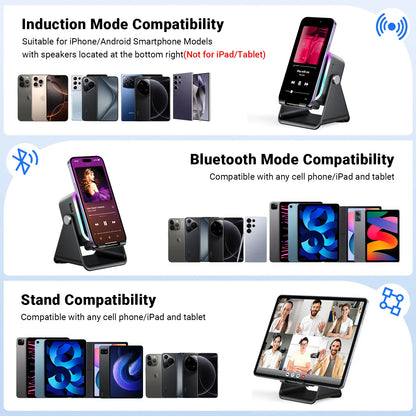 Wireless Induction Audio Speaker Stand, 5In1 Cellphone Holder, 3500Mah Rechargeable Emergency Power Bank,360° Adjustable Mobile Tablet Stand with Colorful Ambient Light Gifts for Men Women Mothersdaygift Summervibes