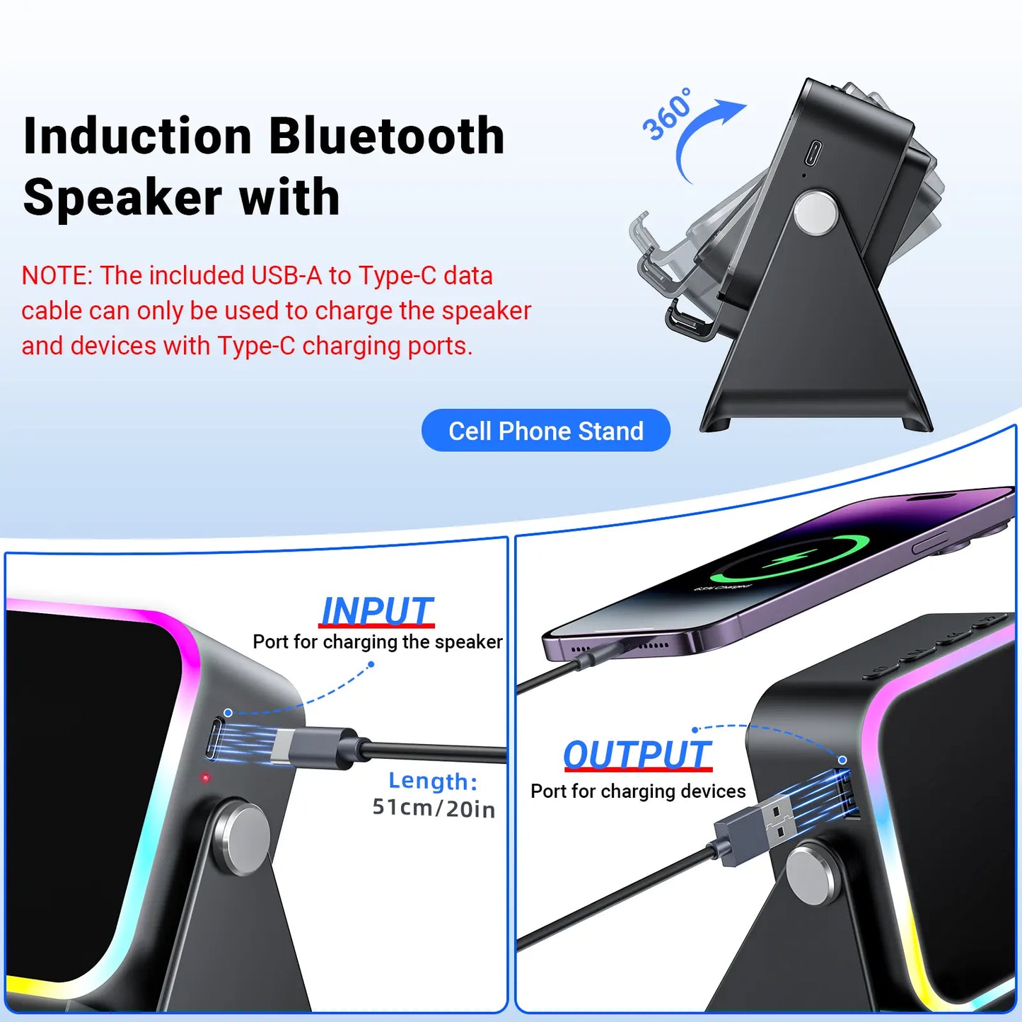 Wireless Induction Audio Speaker Stand, 5In1 Cellphone Holder, 3500Mah Rechargeable Emergency Power Bank,360° Adjustable Mobile Tablet Stand with Colorful Ambient Light Gifts for Men Women Mothersdaygift Summervibes