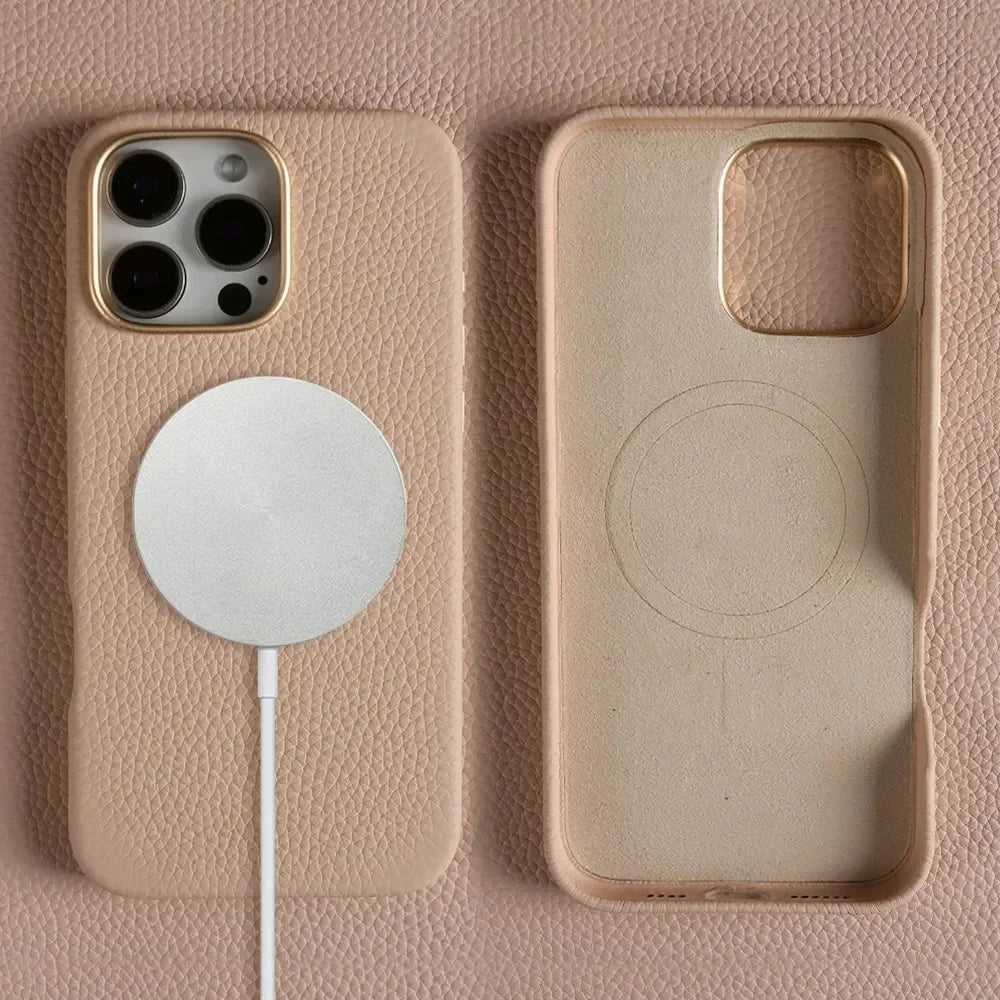 Full Wrapped Magnetic Genuine Leather Phone Case for Iphone 16 Pro Max 15Pro Max Cowhide Wireless Magsafe Fundal Back Shell Capa