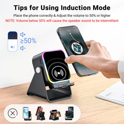 Wireless Induction Audio Speaker Stand, 5In1 Cellphone Holder, 3500Mah Rechargeable Emergency Power Bank,360° Adjustable Mobile Tablet Stand with Colorful Ambient Light Gifts for Men Women Mothersdaygift Summervibes