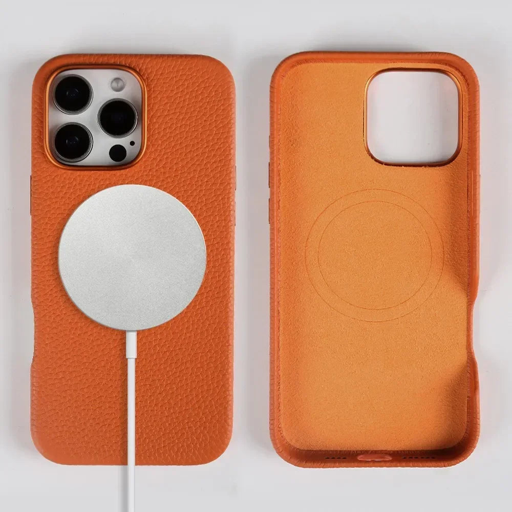 Full Wrapped Magnetic Genuine Leather Phone Case for Iphone 16 Pro Max 15Pro Max Cowhide Wireless Magsafe Fundal Back Shell Capa